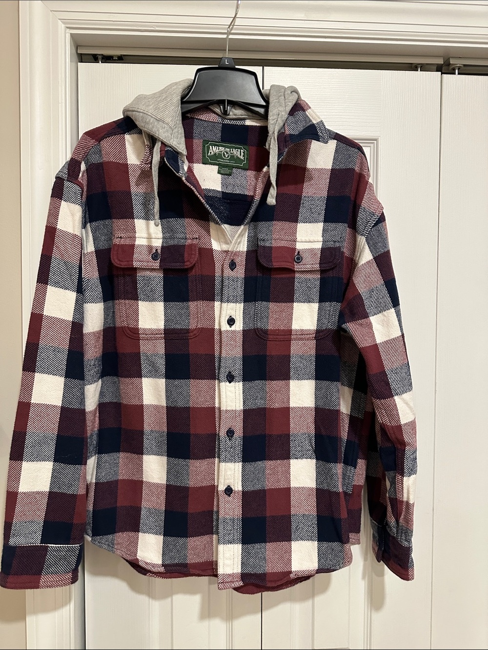 American Eagle Outfitters Burgundy, Navy & White Plaid Hooded Shirt Jacket